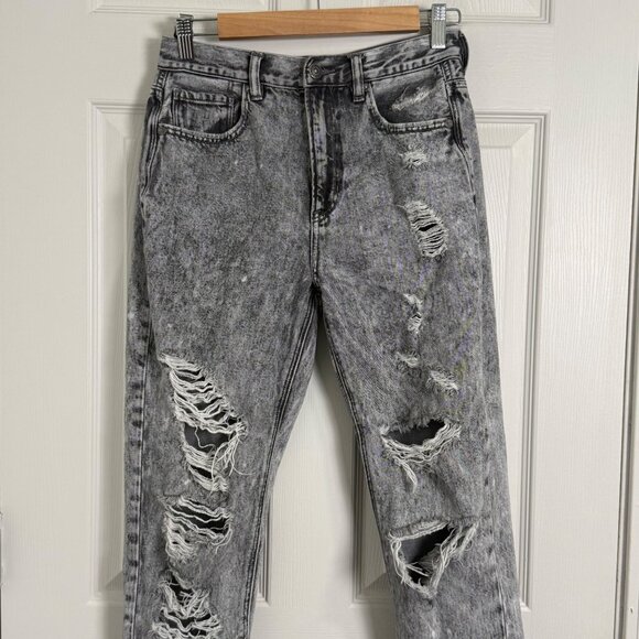 American Eagle Mom Jean Women 4 Gray Punk Grunge Y2K Relaxed Distressed Acid - Picture 3 of 14
